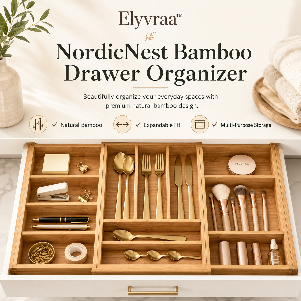 Elyvraa™ NordicNest Bamboo Drawer Organizer